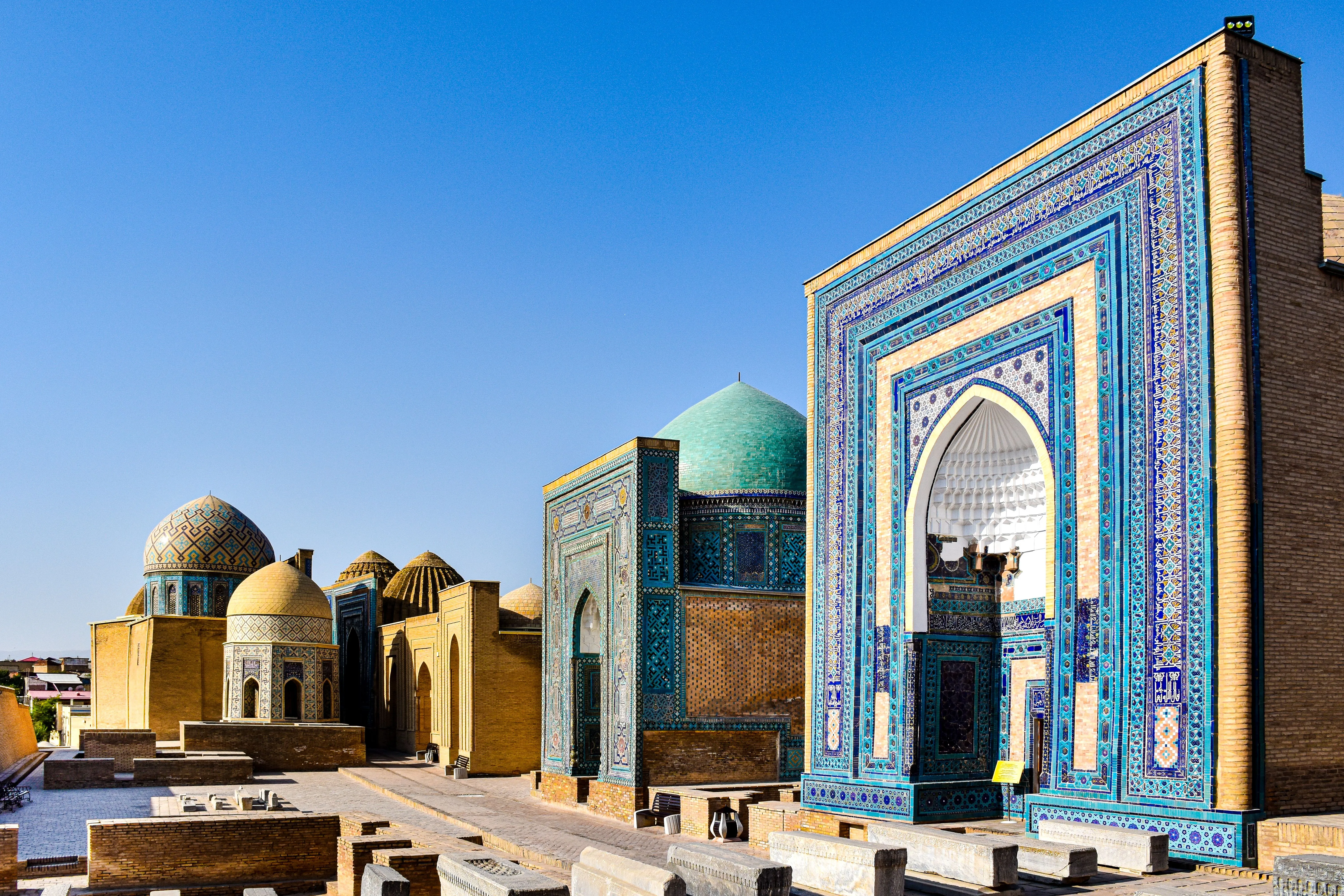 Blue-tiled mausoleum portals of the Shah-i-Zinda necropolis in Samarkand